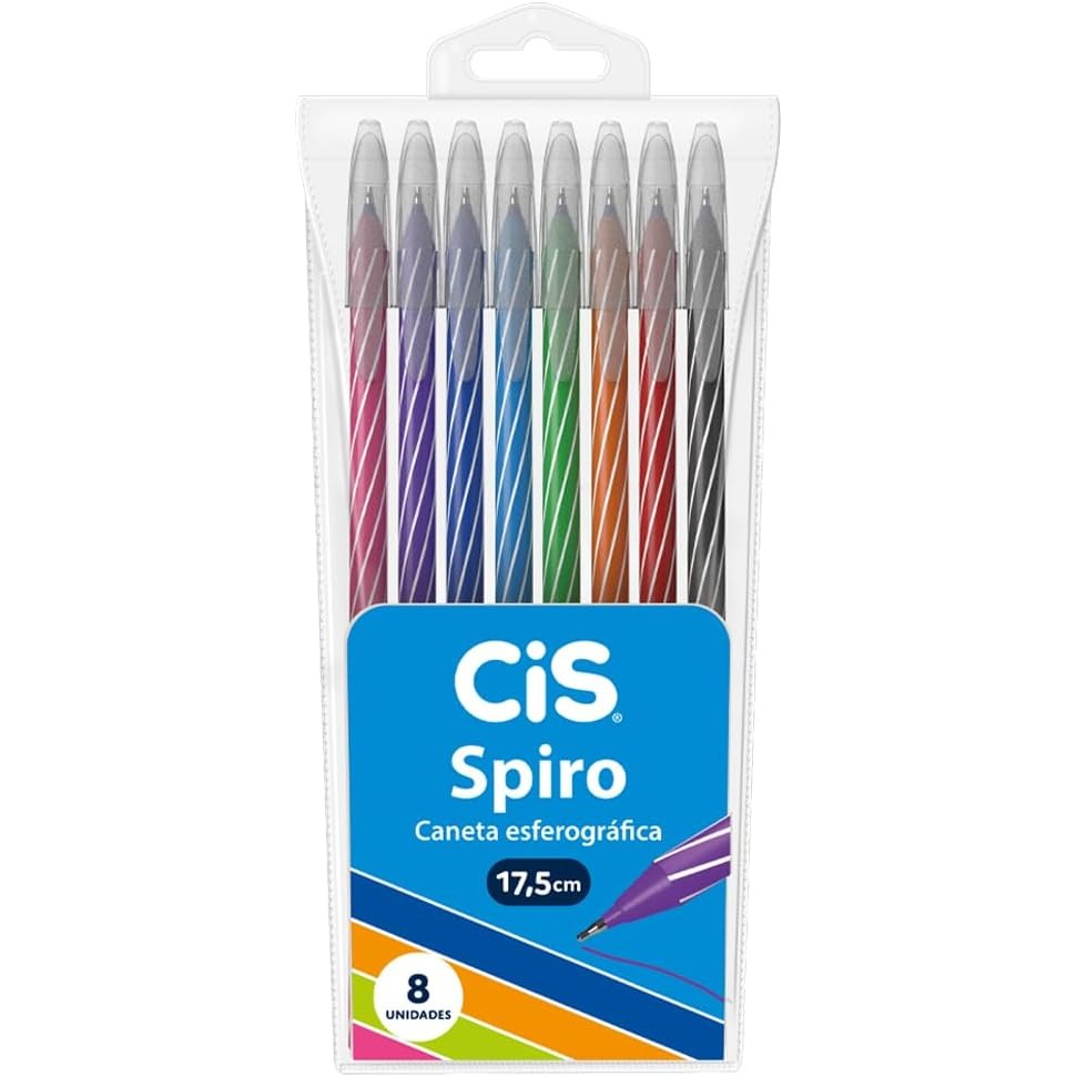 Caneta Esferográfica Cis Spiro Tradicional 0,7mm Colorida Ponta Agulha Ultra Fina 8 cores