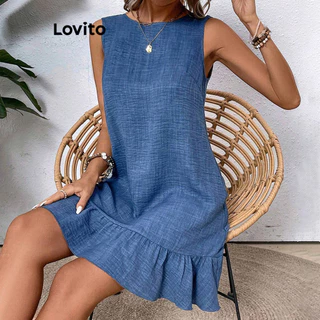 Lovito Vestido elegante liso com babado nas costas e bainha para mulheres LBL15108