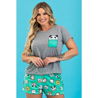 Pijama Feminino Baby Doll Verão Manga Curta Shorts Confortável Panda No Bolso em Oferta na Shopee