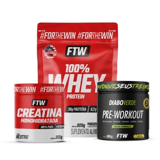 Kit 100%Whey Doce de leite 900gr refil+Pré treino Frutas Amarelas 300gr+ Creatina 300gr pote FTW
