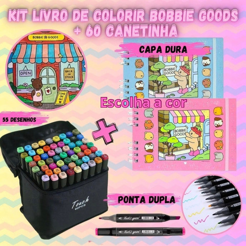Kit 60 Canetas Bobbie Goods Pontas Duplas + Livro Boobie Goo