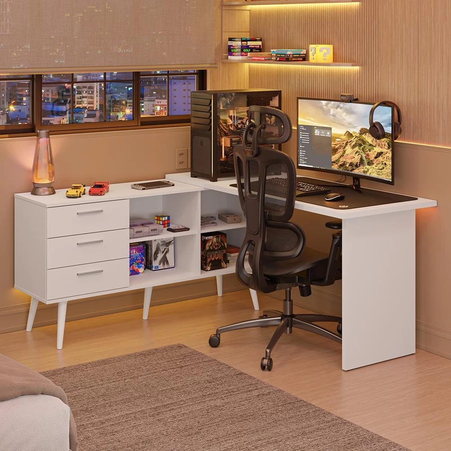Mesa para Computador em L com 3 Gavetas Lisboa Madesa – Design Moderno - foto 3