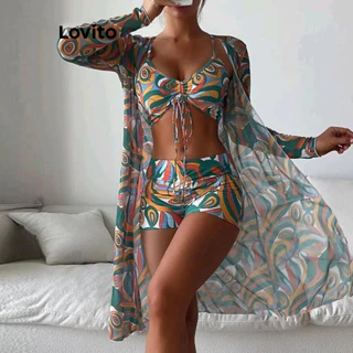 Lovito Conjuntos de biquíni sexy com estampa tropical com renda e babados para mulheres LNL75510