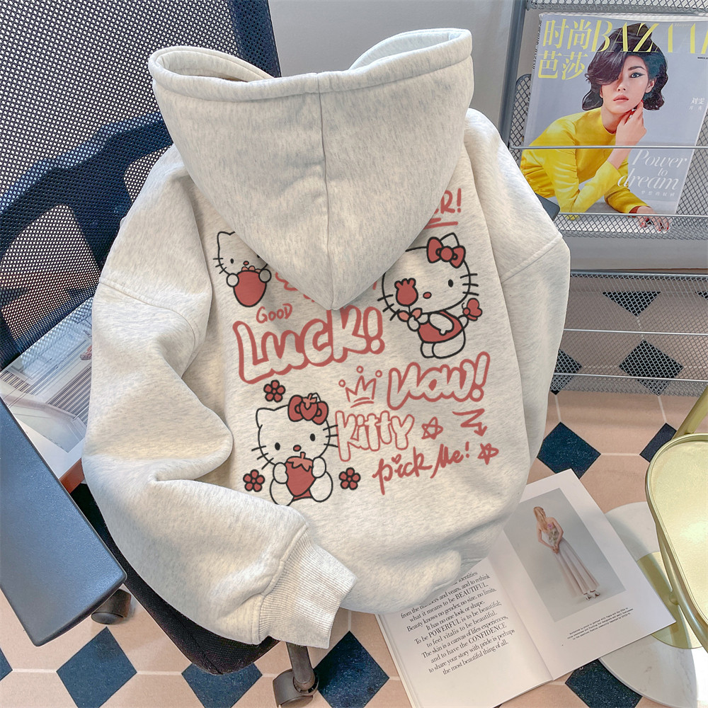 Hoodie Feminino Inverno Novo Estilo Universitário Japonês Bonito HelloKitty Impresso Solto Moletom Com Capuz Topo