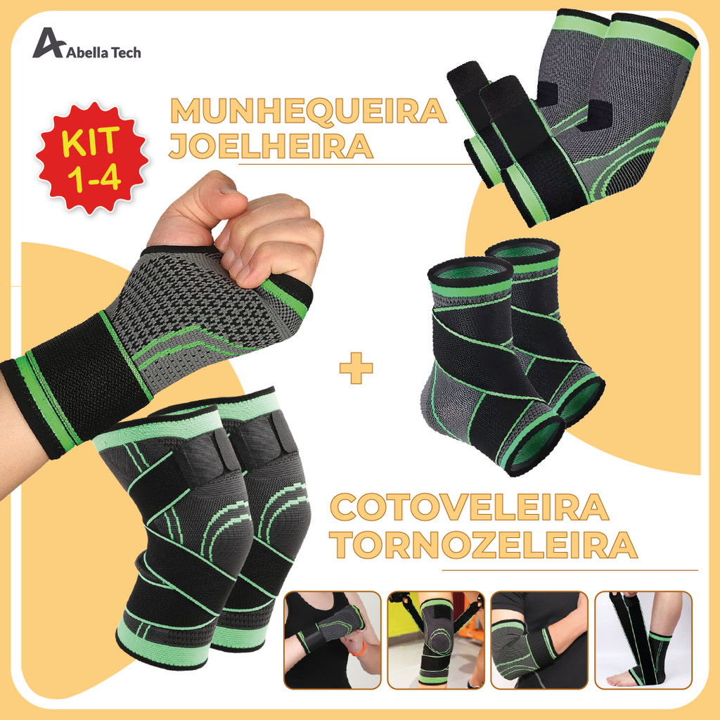Kit 1-4 Tornozeleira Joelheira Munhequeira Cotoveleira Ortopedica Compressão Estabilizadora Elastica