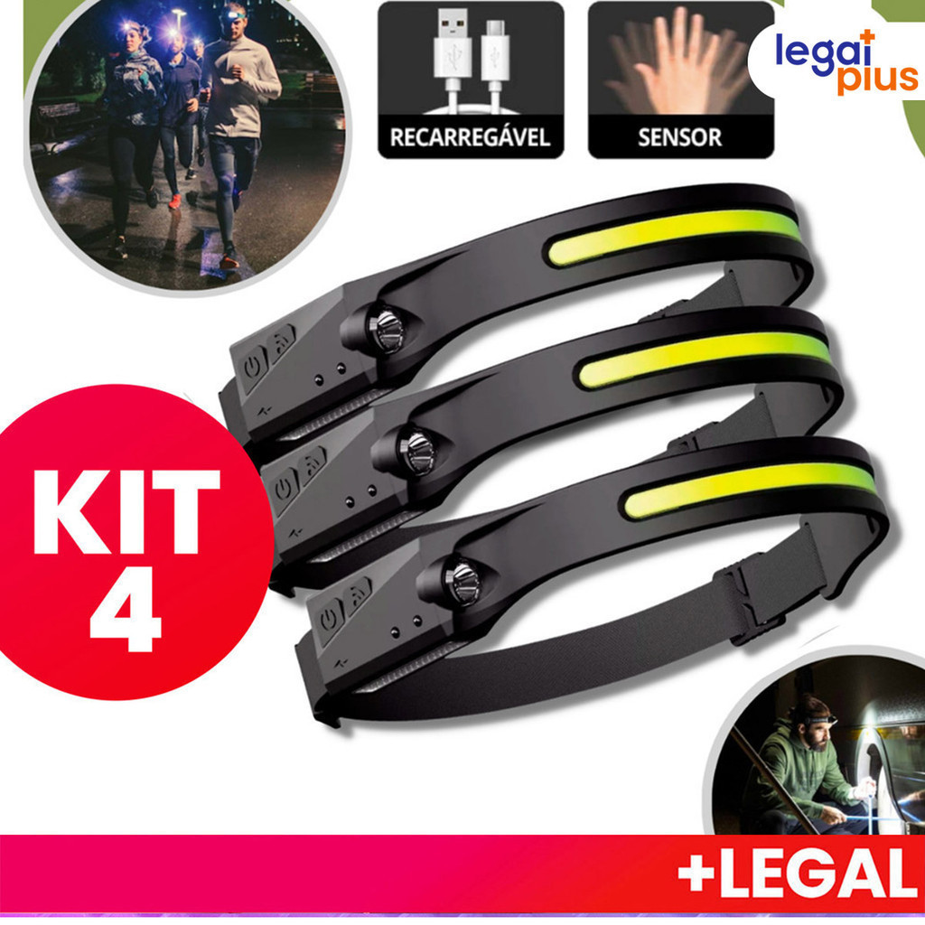 KIT 4 Lanterna de Cabeça Recarregável 3 Led Corpo Motion Camping Torch Light Lamp Com Usb