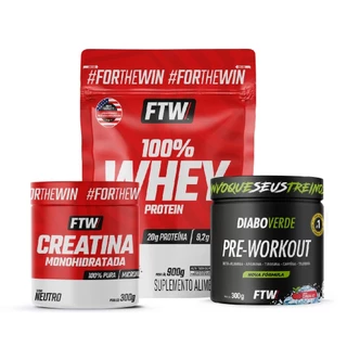 Kit 100%Whey Doce de leite 900gr refil+Pré treino Cereja Ice 300gr+ Creatina 300gr pote FTW