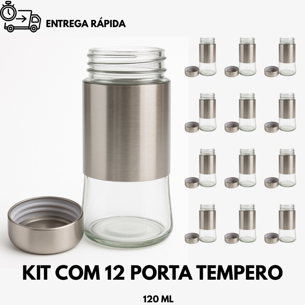 Kit 12un Porta Temperos Vidro com Tampa Inox 120ml