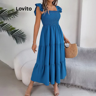 Lovito Vestido elegante em cascata com babados lisos para mulheres LNL72465