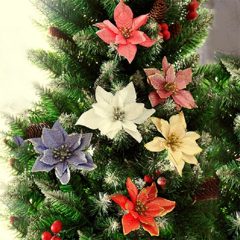 Pcs Glitter Flores De Natal Artificiais Brilhantes Decora O Rvore Feliz Ano Novo Ornamentos