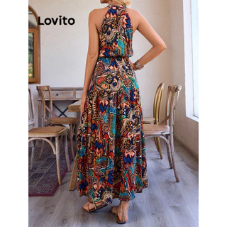 Lovito Vestido boho tribal estampado com cinto de ombro frio para mulheres LBL15435