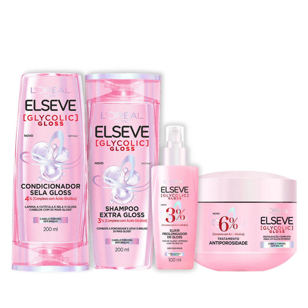 Kit Shampoo Condicionador Sérum e Máscara Elseve Glycolic Gloss ...