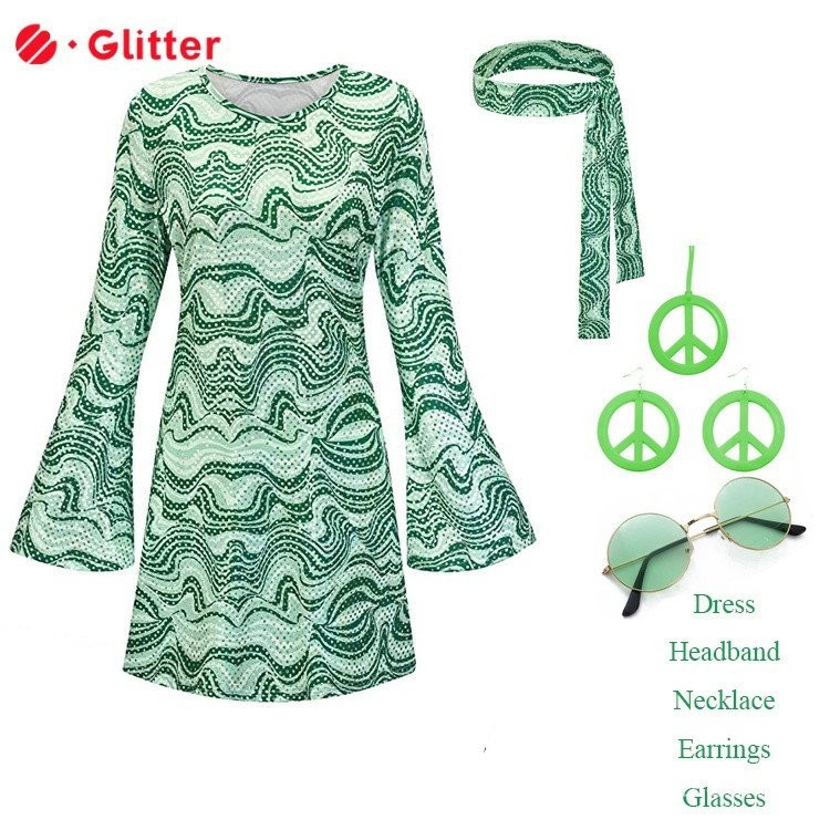 Roupas Retro Femininas Vestidos dos Anos 60 70 80 Fantasia Hippie Faixa de Cabeça Laço Óculos Acessórios Lantejoulas Vin