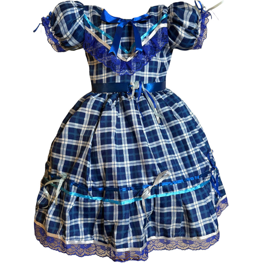 Vestido Festa Junina Azul Branco Menina Xadrez Infantil São João Roupa ...