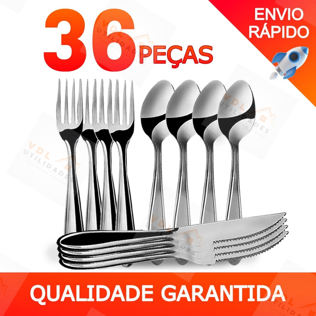 Conjunto Jogo de Talheres 36 peças Aço Inox 12 Facas 12 Garfos e 12 Colheres de Mesa Casa Para Cozinha Hotel