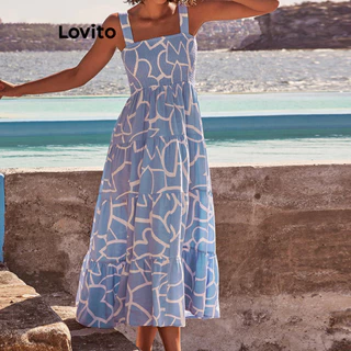 Lovito Casual Vestido Bata Feminino Simples Estampa Geométrica LNE35100 (Azul)