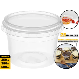 Pote Plástico Redondo 250 / 380 / 500 ml 25und Descartável Com Tampa Bolo Pote Açaí Marmita Freezer Microondas em Oferta na Shopee