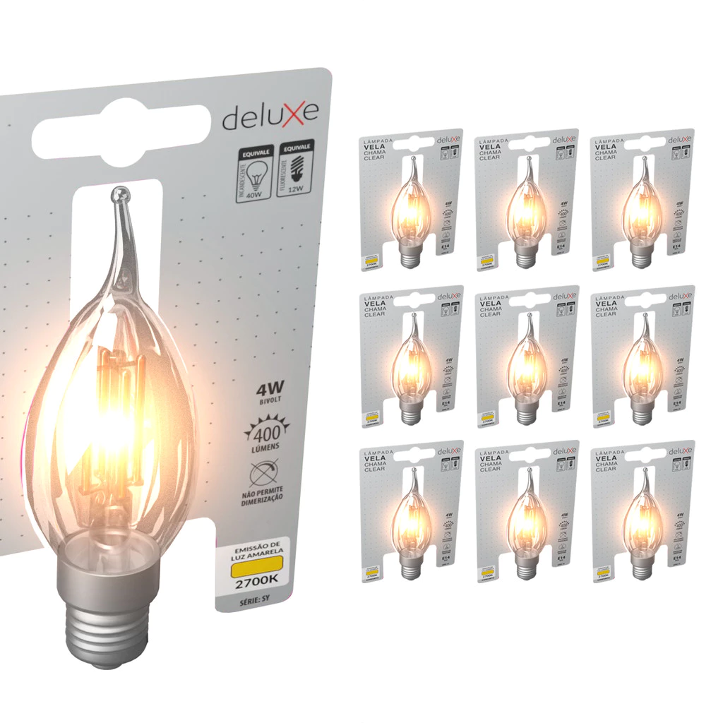 Kit 10 Lampadas Led Vela Filamento Chama Clear 4w 2700k Branco Quente E14 110v/220v Cod: 351160372-10 Deluxe By Avant