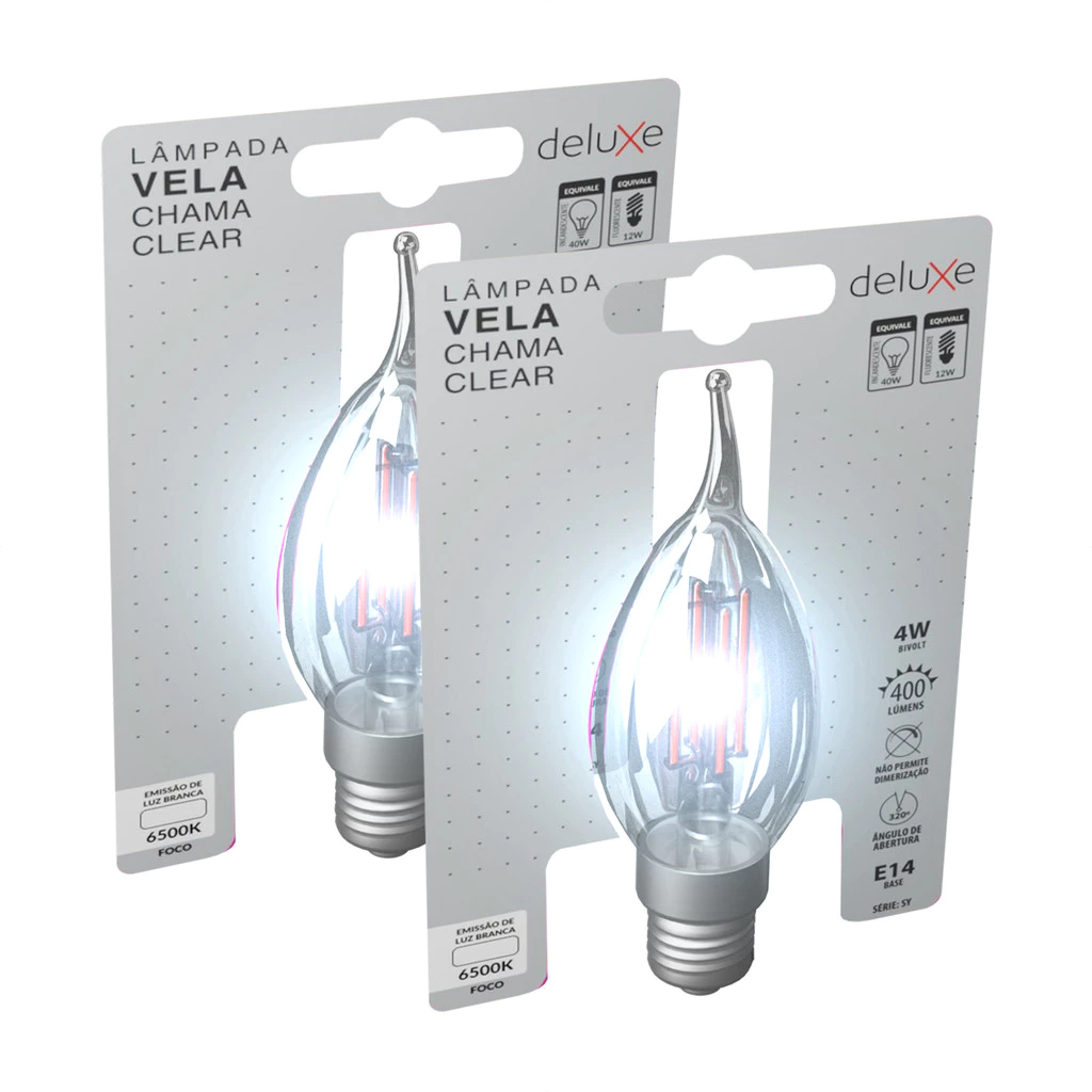 Kit 2 Lâmpada de Led Vela Filamento Chama Clear 4W E14 6500K Bivolt Luz Branco Frio