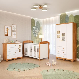 Quarto Bebê Completo Berço Americano Marquesa 3 em 1 Guarda Roupa 3 Portas Cômoda Uli 100% MDF Móveis Peroba
