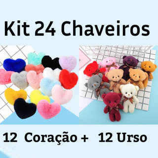 Kit 24 chaveiros de pompom coração e ursinho teddy de pelúcia com pegente para bolsa Cores Sortidas em Oferta na Shopee