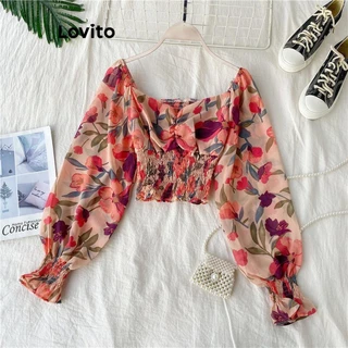 Lovito Blusa elegante com estampa floral Ditsy para mulheres LNL71108