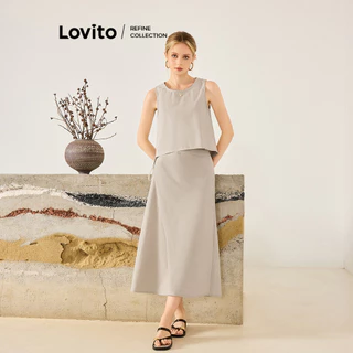 (Lovito Refine) Conjuntos casuais de saia com botões lisos e costas abertas para mulheres L104ED721
