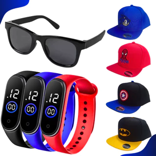 Kit Infantil Óculos Chapéu Boné Relógio Super Heróis Homem Aranha Batman Sonic Capitão América
