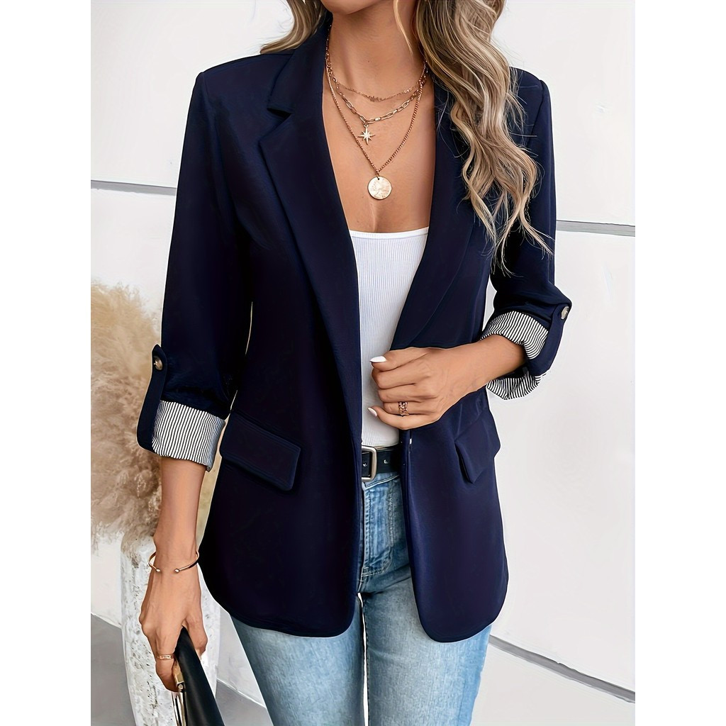 Blazer Elegante Feminino com Detalhe de Punho Listrado - 100% Poliéster ...