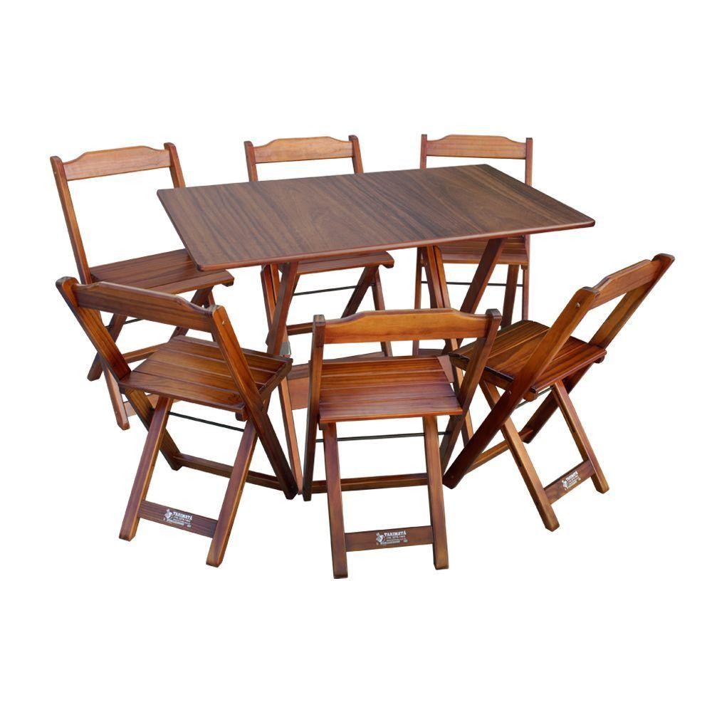 Conjunto De Mesa Dobrável De Madeira 70x110cm Com 6 Cadeiras Imbuia - Cor: Marrom