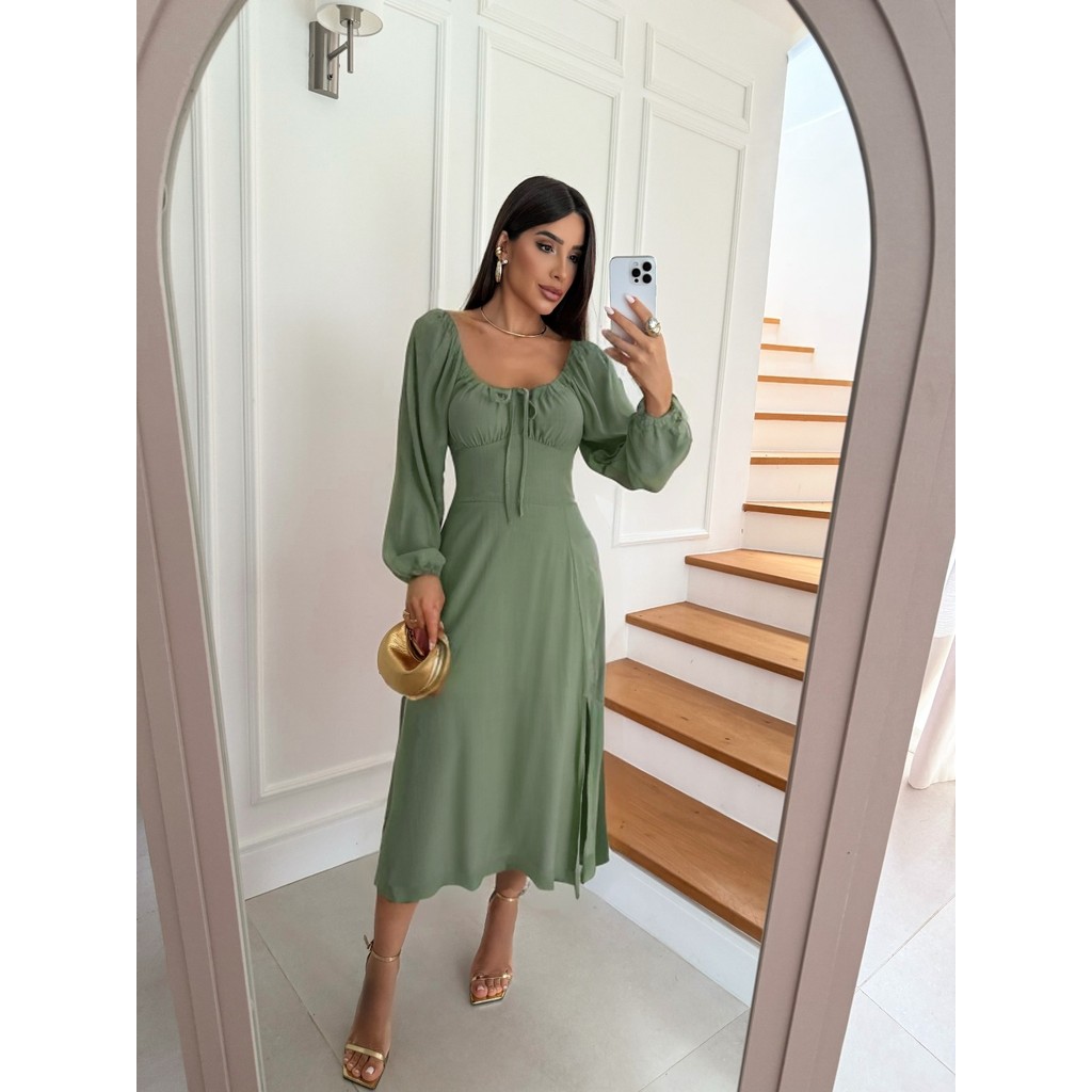 Vestido Feminino Midi Manga Longa C/ Amarração Frontal Estilo