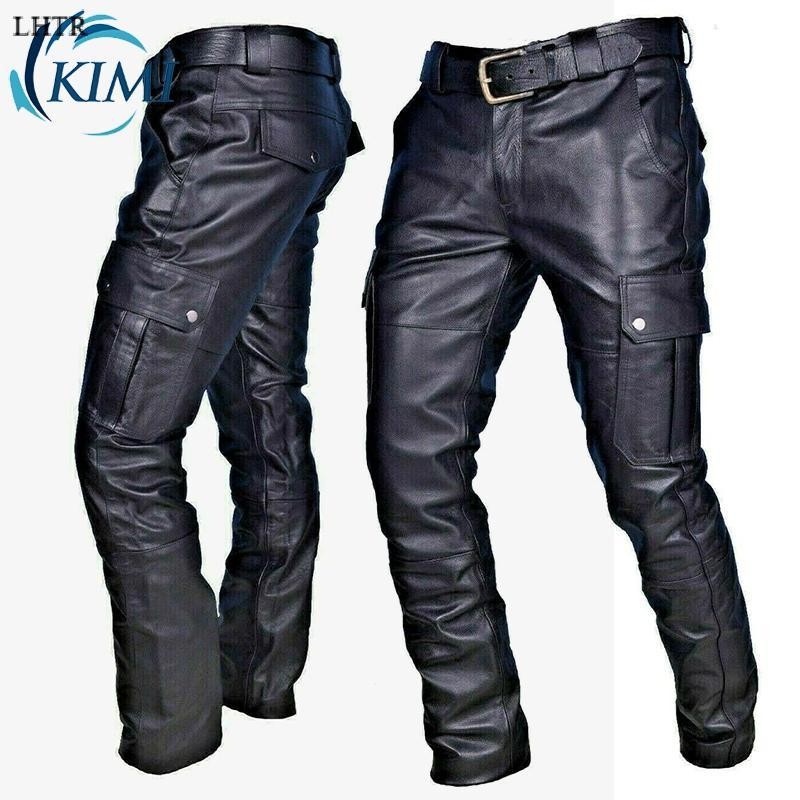 Calça De Motociclista Masculina PU Lápis Couro Zíper Sem Costas Carga De Outono NHG3