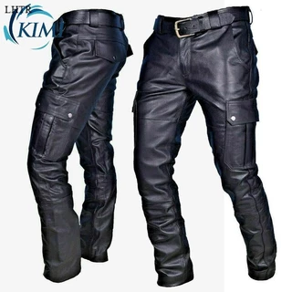 Calça De Motociclista Masculina PU Lápis Couro Zíper Sem Costas Carga De Outono NHG3