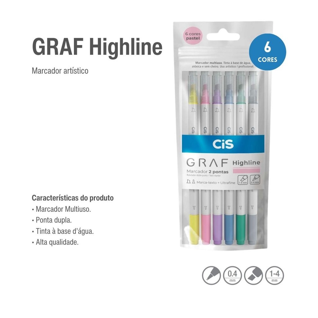 MARCADOR TEXTO ARTÍSTICO 2 PONTAS GRAF HIGHLINE CIS 6 CORES PASTEL