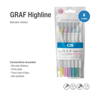 MARCADOR TEXTO ARTÍSTICO 2 PONTAS GRAF HIGHLINE CIS 6 CORES PASTEL