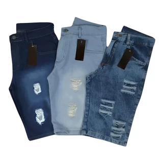 KIT 3 Shorts masculinos Bermuda Jeans rasgados Estilo fashion masculino Outlet de fábrica