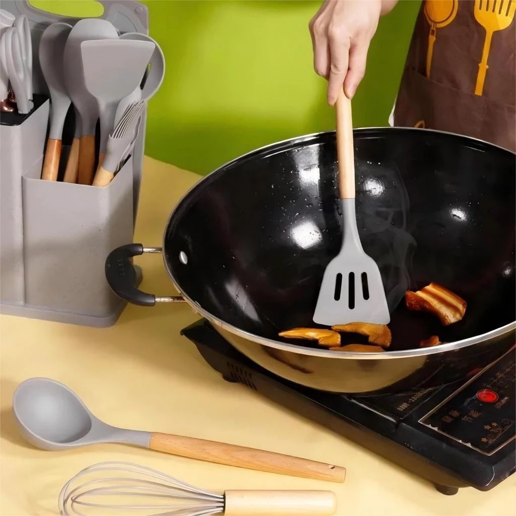 Kit Conjunto 19 Pçs De Utensílios Facas Silicone e Plástico Cozinha Jogo Completo Batedeira Colher Pegador
