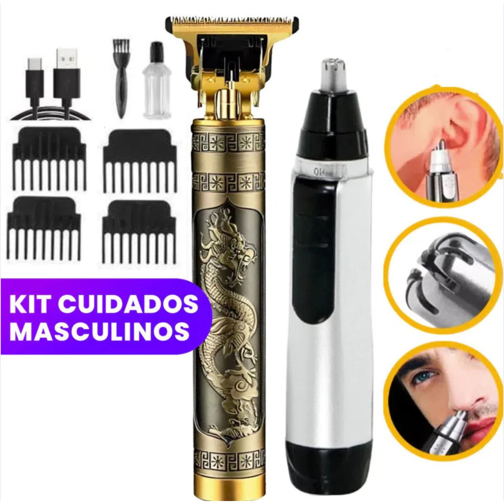 KIT Maquina cortar cabelo acabamento barbear barbeador eletrico pezinho vintage buda dragão t9