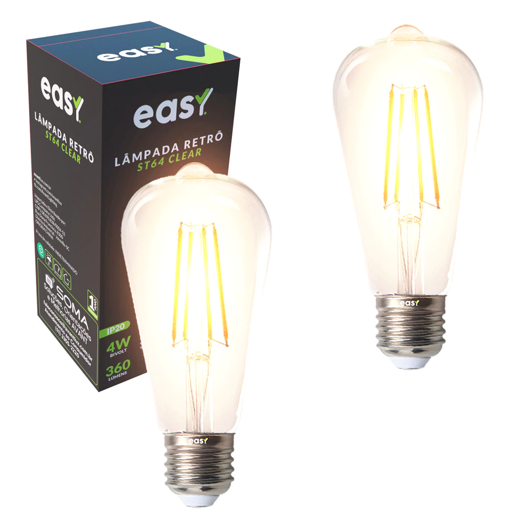 Kit 2 Lâmpadas de Led ST64 Retro Vintage Clear 4w 2400k E27 Bivolt Easy Luz Quente