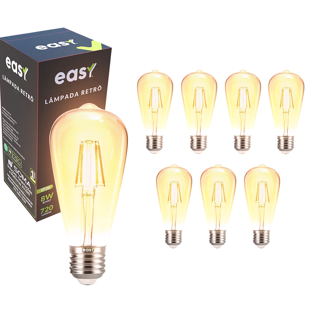 Kit 8 Lâmpadas de Led ST64 Retro Vintage Ambar 8w 2400k E27 Bivolt Easy Luz Quente