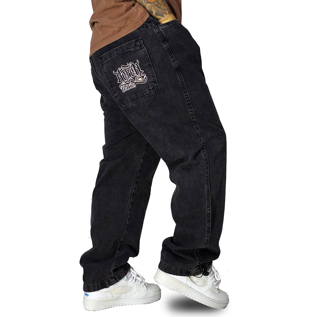 Calça Jeans Refen Balão Preto Estonado Bordado Hip Hop | Shopee Brasil