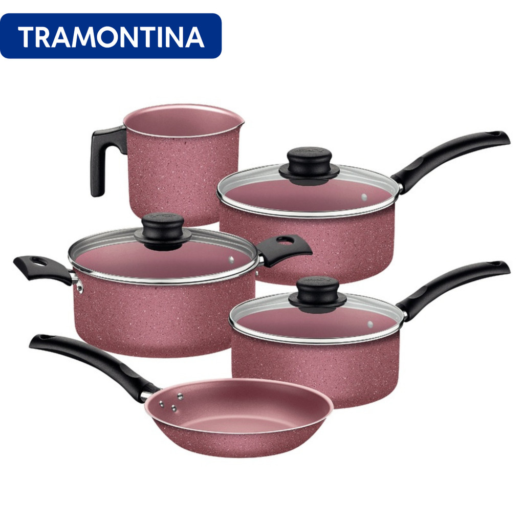 Jogo de Panelas Tramontina Linz em Aluminio com Revestimento Interno e Externo em Antiaderente Starflon Max Rosa 05 Peça