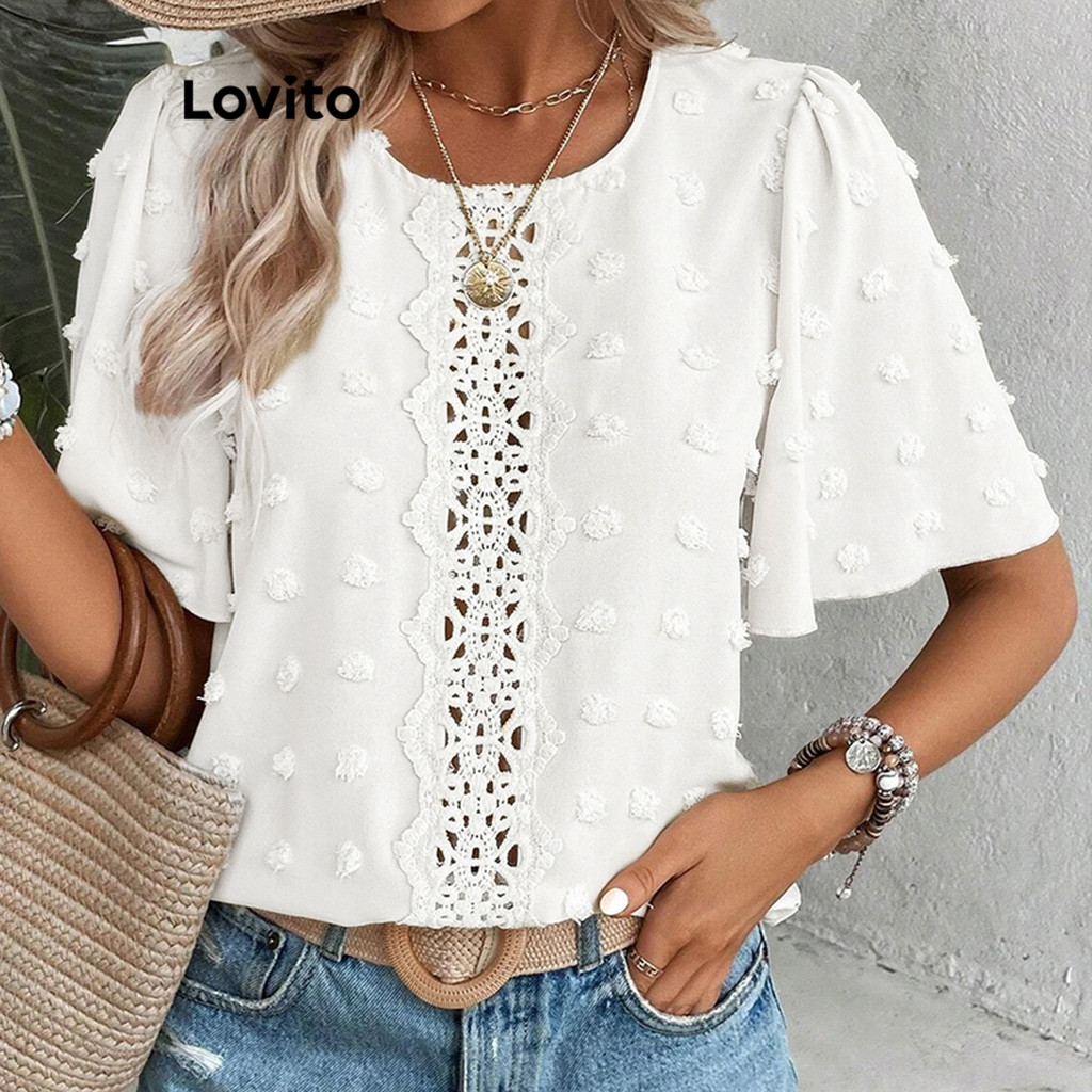 Lovito Blusa elegante jacquard de renda lisa para mulheres LBL16725