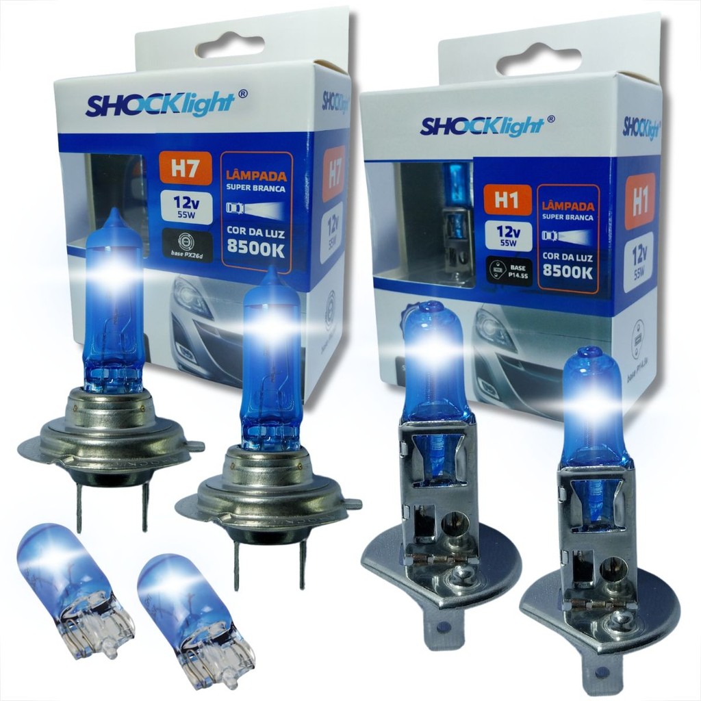 KIT 6 LÂMPADAS SUPER BRANCAS 8500K FAROL ALTO BAIXO E LANTERNA H7 H1 T10 DUPLO FOCO KIT SHOCKLIGHT