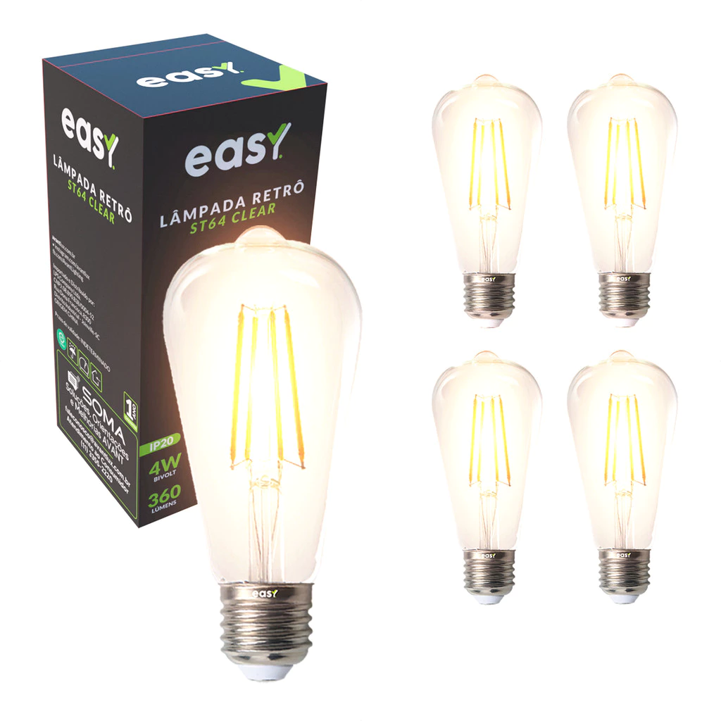 Kit 5 Lâmpadas de Led ST64 Clear Retro Vintage 4w 2400k E27 Bivolt Easy Luz Quente
