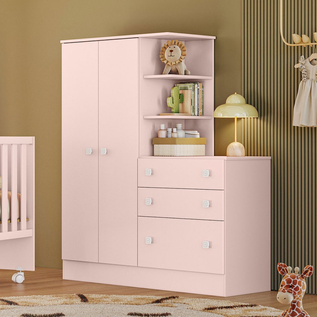 Guarda-Roupa Infantil com Cômoda Doce Sonho 2 Portas 3 Gavetas Rosa - Qmovi