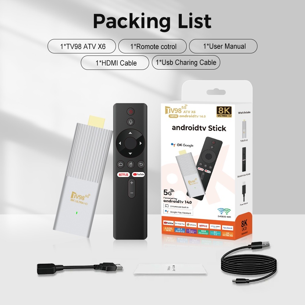 TV98 ATV X6 Stick Android 8K 14.0 Todos Os Vencedores H313 2.4 + 5G WIFI Bluetooth Controle Remoto De Voz