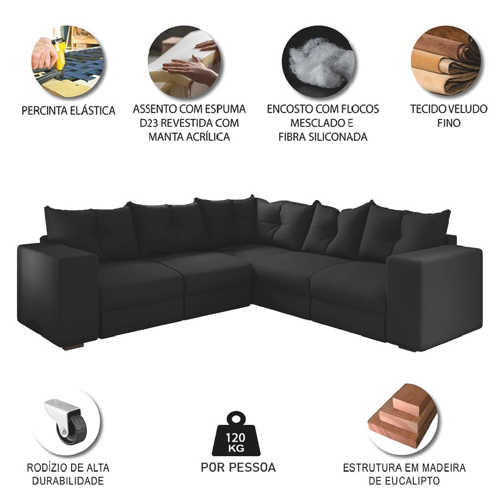 Sofá de Canto Retrátil 5 Lugares Veludo New Qatar Selmer Preto