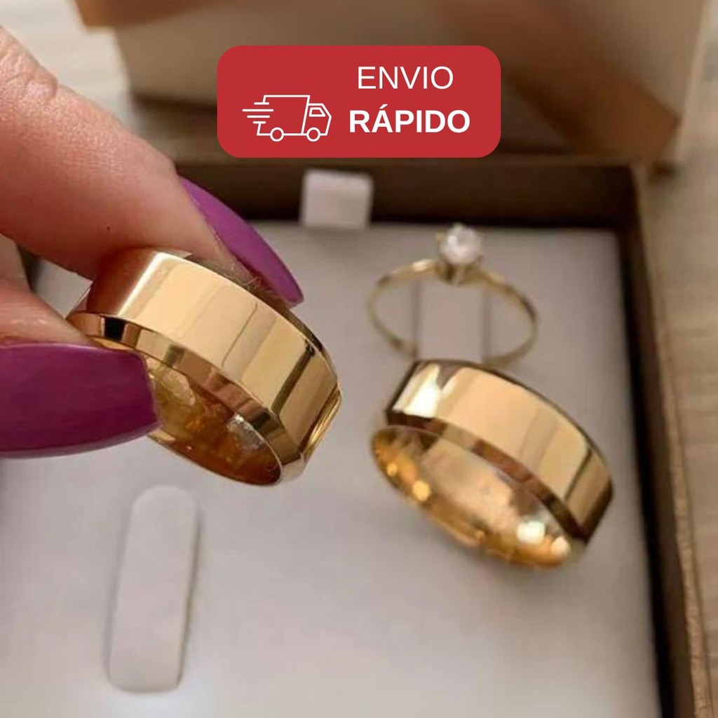 Aliança De Casamento Grossa Dourada 6mm + Solitário Anel noivado Chanfrado Aço Inox316L Cor Ouro 18k