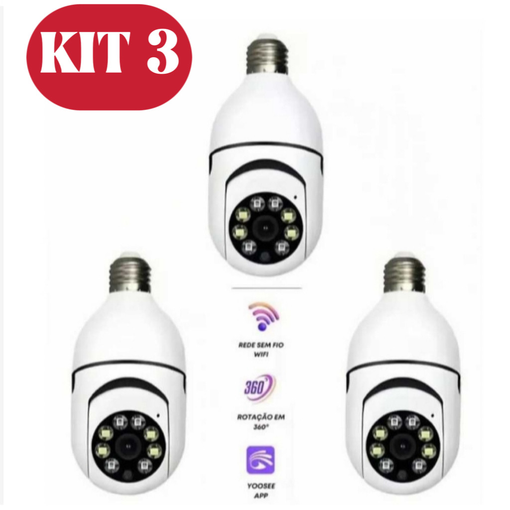 KIT Câmera wifi ip sem fio giratória 360 com encaixe lampada bocal rosca ptz full HD visão noturna segurança